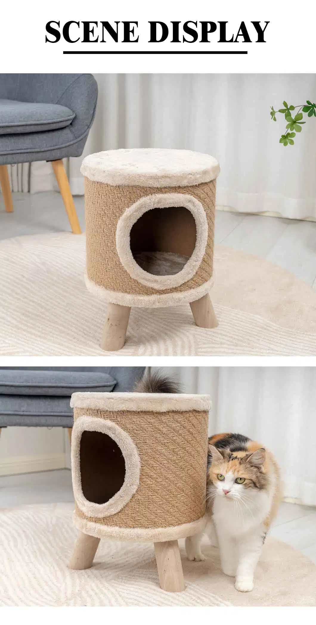 Rena Pet Durable Cat Scratcher House Cat Tree Desk Carrier Toy Furniture with Wooden Legs