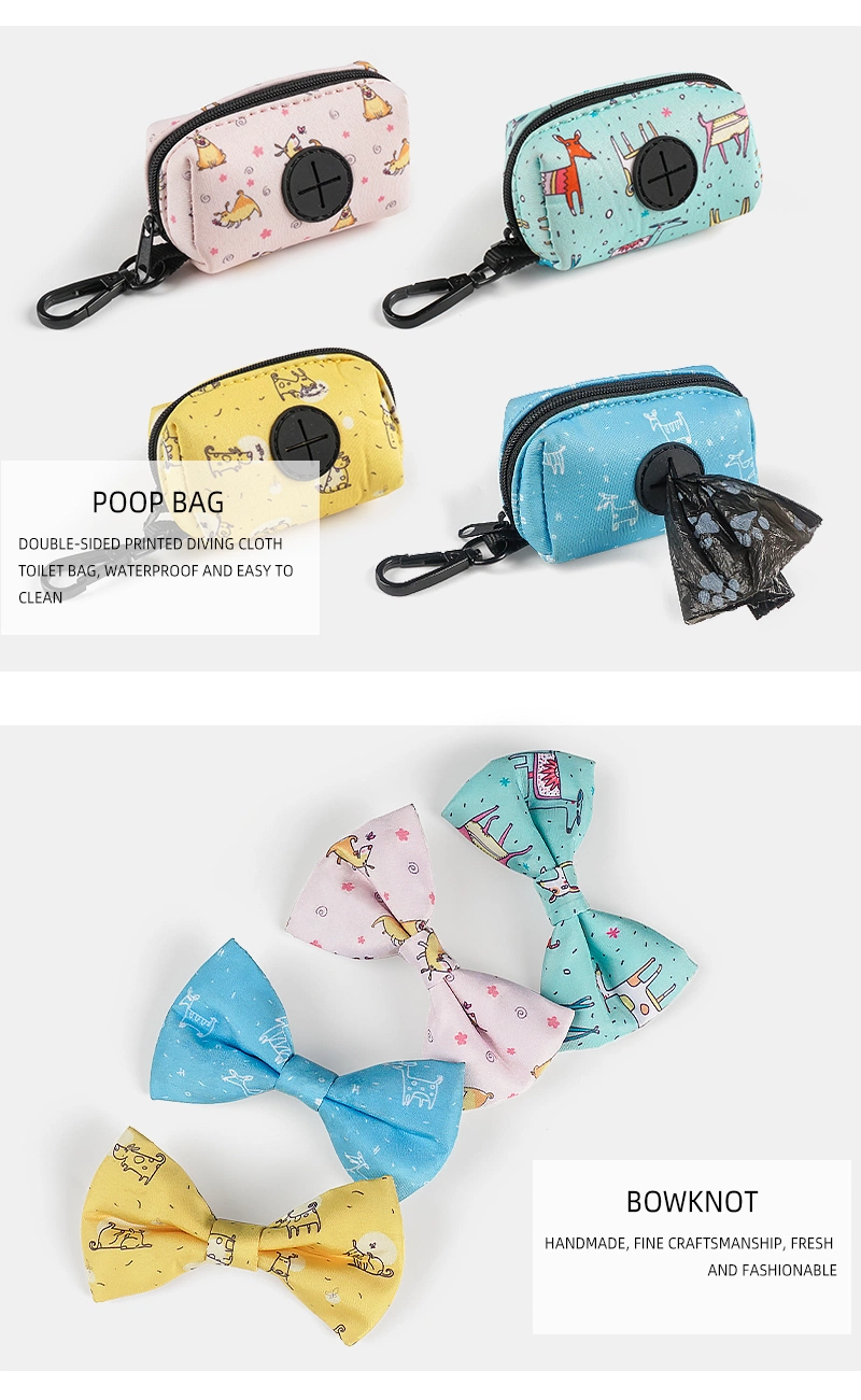 Pet Accessories 6 in 1 Set Neoprene Custom Pattern Printing Polyester Dog Harnees/ Collar/ Bowtie/ Poo Bag/ Bandana/ Leash