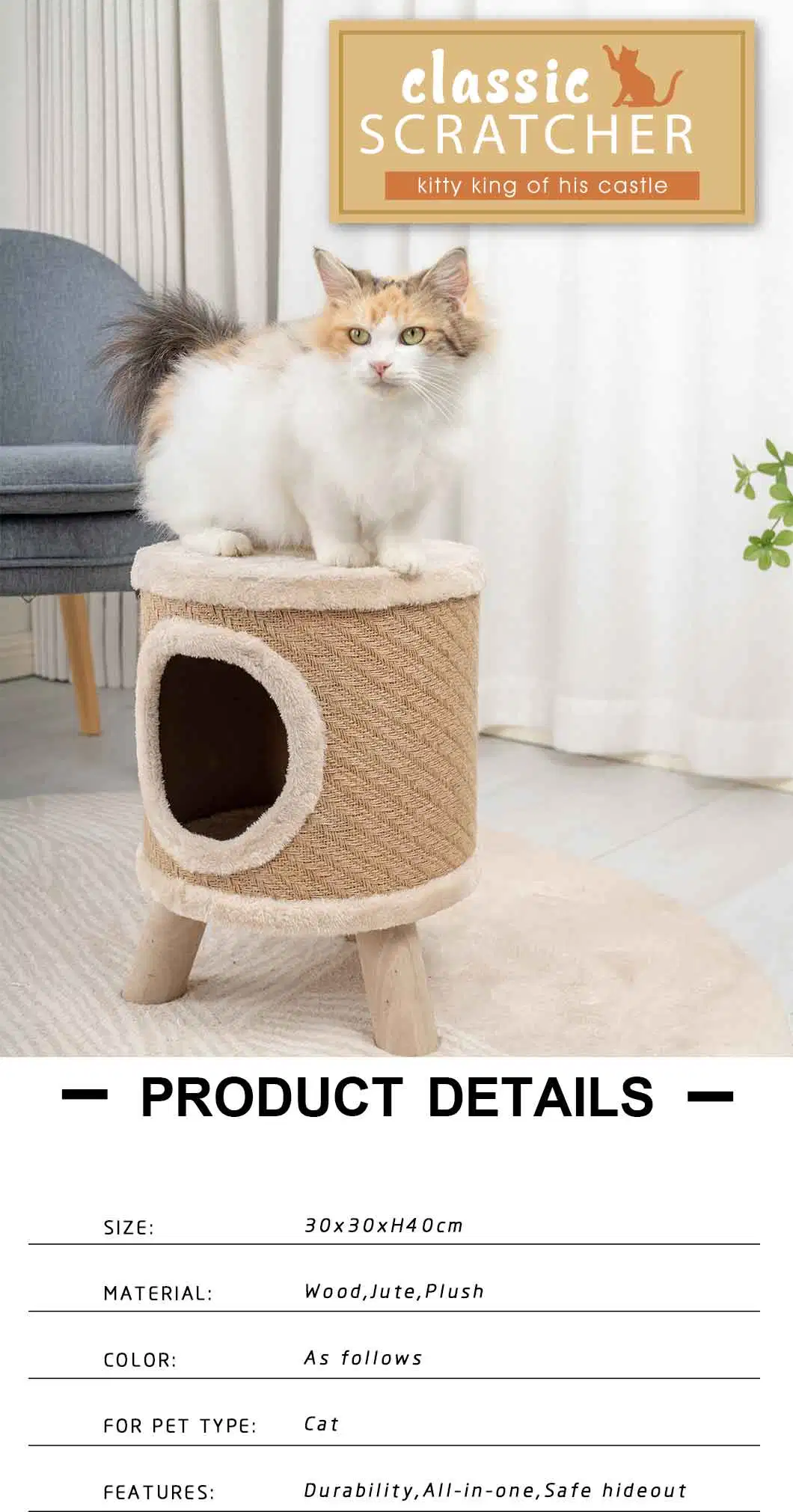 Rena Pet Durable Cat Scratcher House Cat Tree Desk Carrier Toy Furniture with Wooden Legs